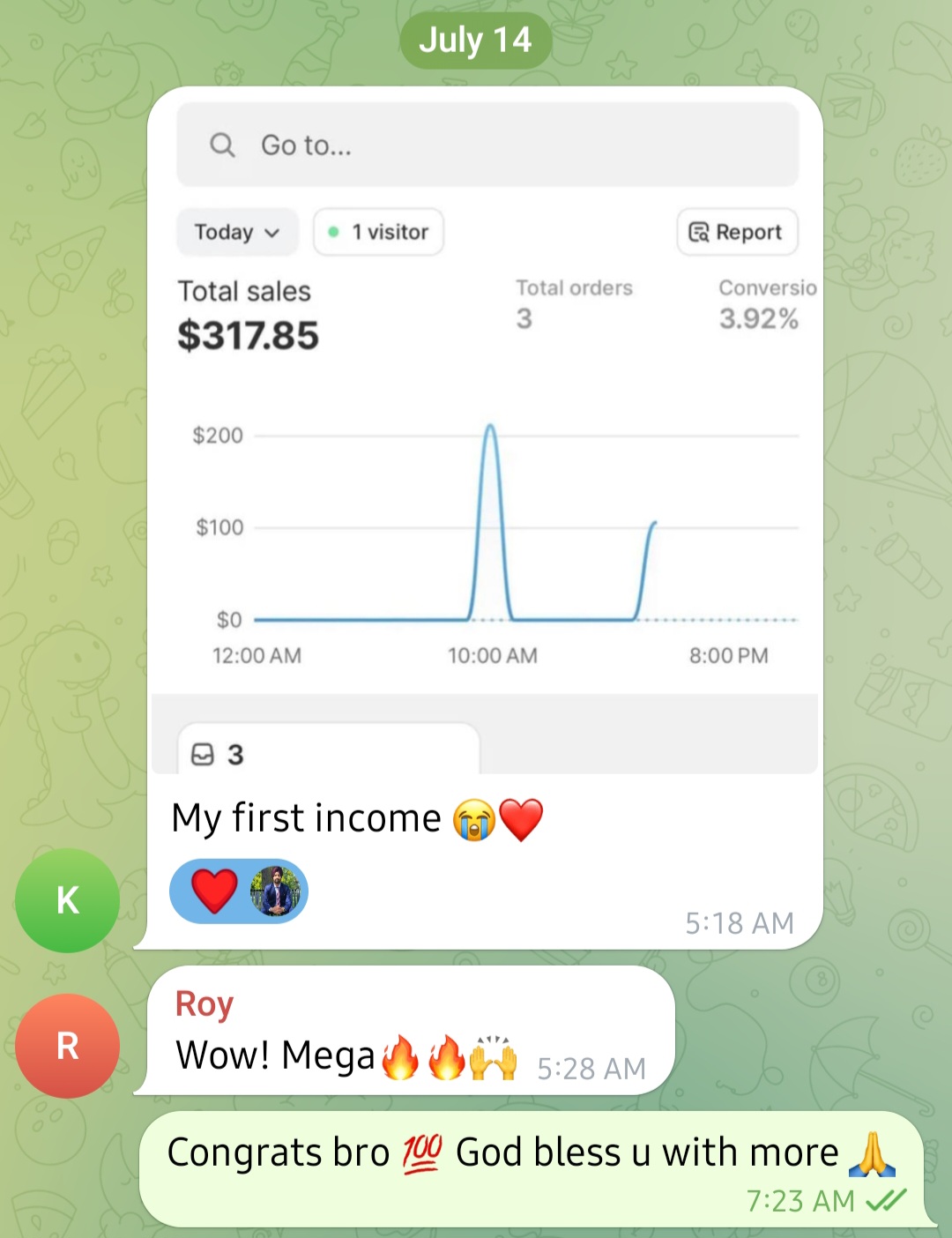 Student sharing their first income of $317 in a day